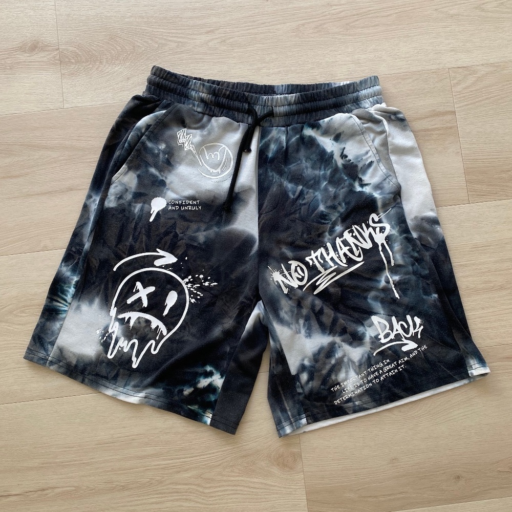 Dark Blue & White Tie-Dye Drawstring Graffiti Comfy Shorts (S)
